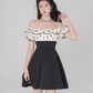 Tea break French dress puff sleeve A-line skirt new style high waist embroidered short skirt R4499