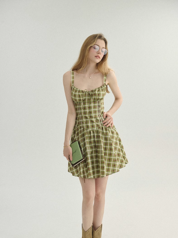 French suspender skirt seaside holiday short skirt fairy skirt plaid dress R2765