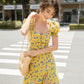 Yellow floral waist slim knee-length fairy dress homecoming dress R3469