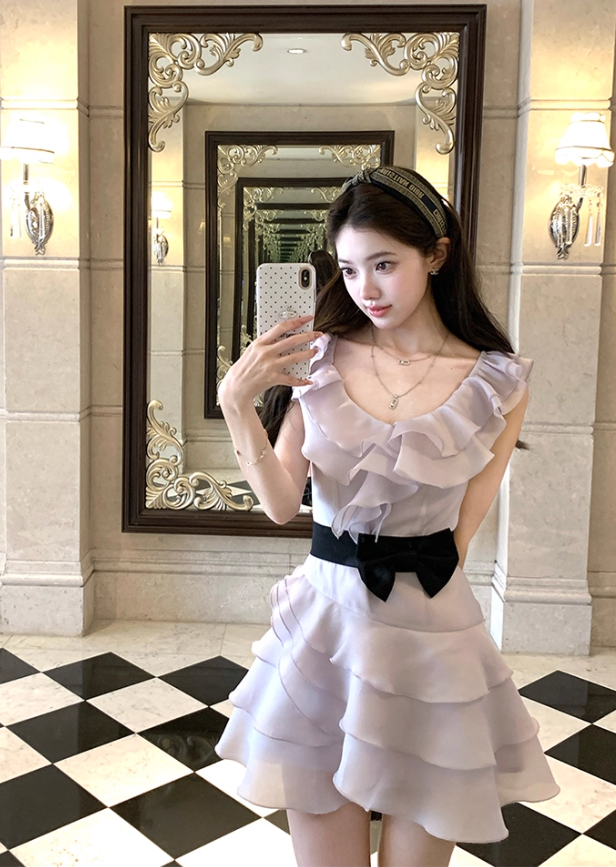 Purple waist round neck ruffled suspender dress women's summer skirt R4659