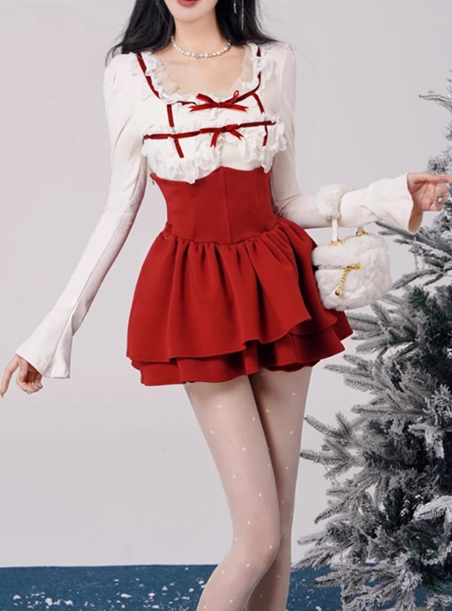 Pure desire lace splicing top 2025 large size high waist puffy skirt New Year suit R1419