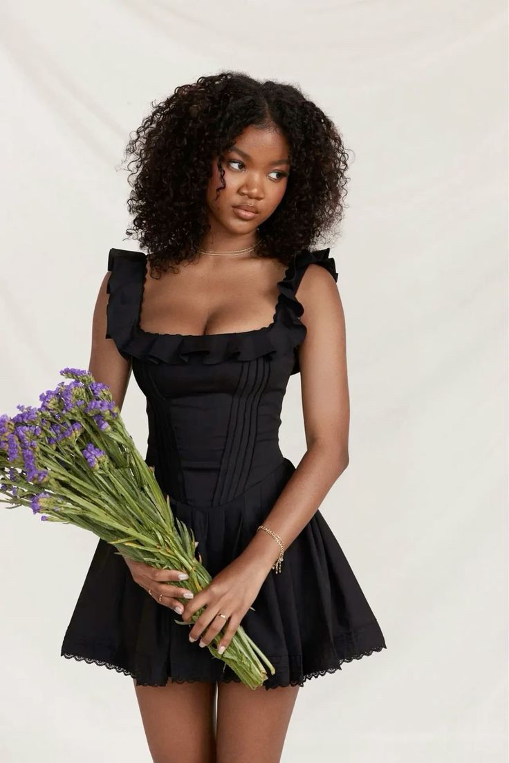 Black suspenders waist slim A-line short skirt homecoming dress R3758