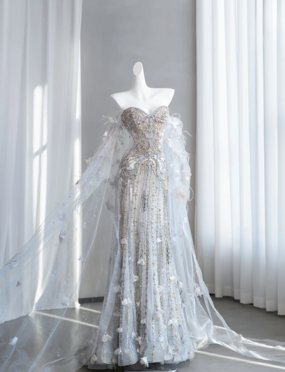 Gorgeous Embroidered Feather Decor Sweetheart Mermaid Satin Corset Maxi Wedding Dress RS3131