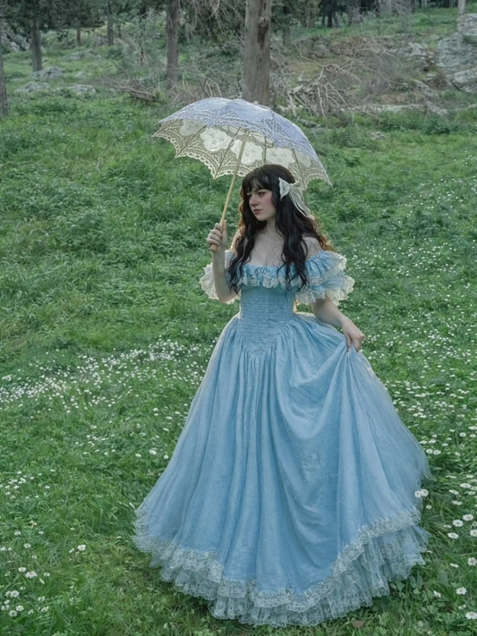 Puffy Lace Trim Women's Prom Gown Baby Blue Corset Maxi Evening Dress Birthday Dress — Fall Outfit 2026 New RS3159