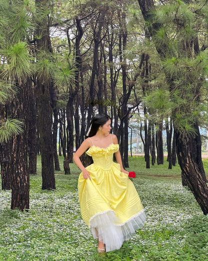 Vibrant Puffy Tiered Women's Prom Gown Yellow Waist Fitted Maxi Evening Dress Birthday Dress — Fall Outfit 2026 New  RS3415