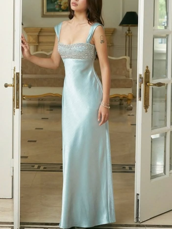 Slim Silky Satin Embroidered Prom Gown Mint Green Women's Maxi Birthday Dress Evening Dress RS2981