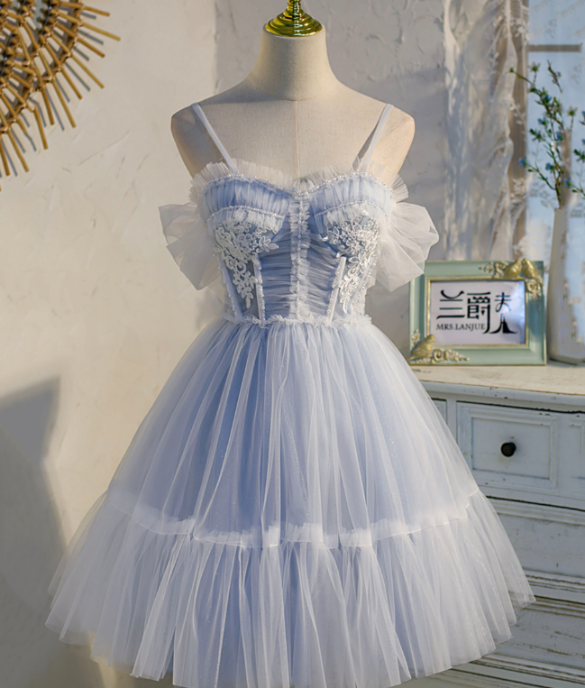 Dreamy Blue Homecoming Dress , Embroidered Tulle Pretty Corset Short Prom Dress Cami Dress RS1692