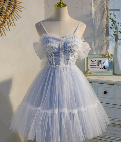 Dreamy Blue Homecoming Dress , Embroidered Tulle Pretty Corset Short Prom Dress Cami Dress RS1692