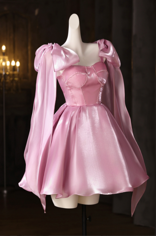 Princess Style Pink A-Line Spaghetti Straps with Bow-knot Corset Mini Birthday Dress Homecoming Dress RS444