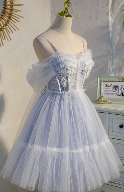 Dreamy Blue Homecoming Dress , Embroidered Tulle Pretty Corset Short Prom Dress Cami Dress RS1692