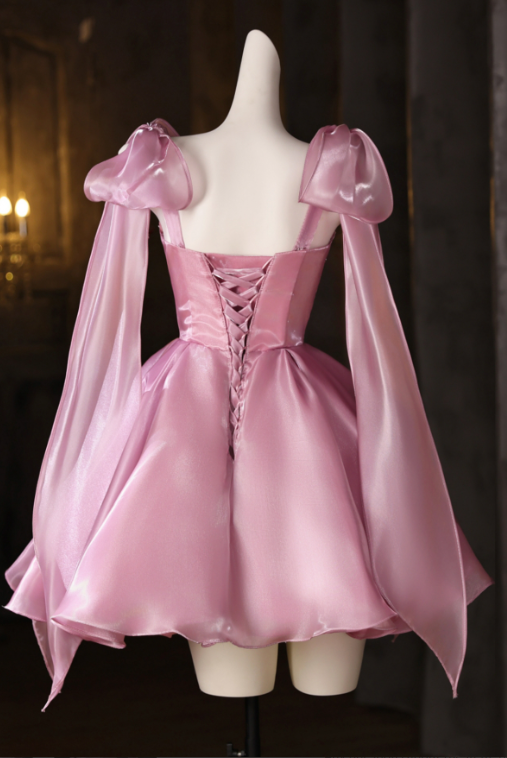 Princess Style Pink A-Line Spaghetti Straps with Bow-knot Corset Mini Birthday Dress Homecoming Dress RS444