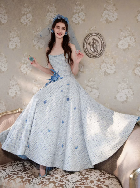 Chanel-inspired Applique Prom Gown , Blue Women's Maxi Evening Dress Birthday Dress RS2723