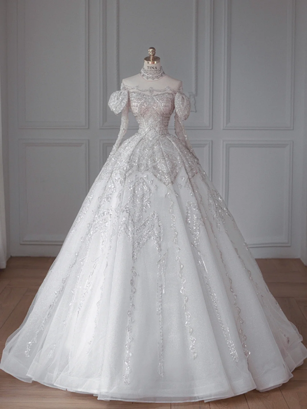 White one-shoulder diamond classic elegant waist slim fit puffy skirt bridal dress R6014