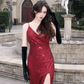 Charming Red Glitter Sheath Spaghetti Straps High-slit Midi Prom Dress Evening Dress RS640
