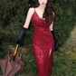 Charming Red Glitter Sheath Spaghetti Straps High-slit Midi Prom Dress Evening Dress RS640