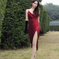 Charming Red Glitter Sheath Spaghetti Straps High-slit Midi Prom Dress Evening Dress RS640