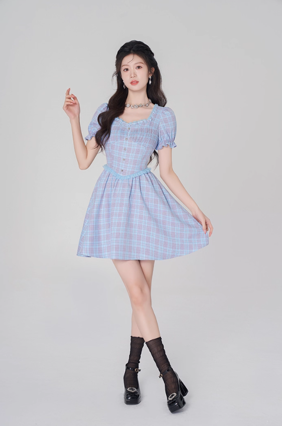 Plaid dress puff sleeves high waist short skirt new style high-end square neck A-line skirt R4496