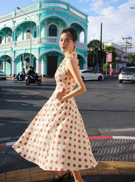 Retro White A-Line Halter Red Polka Dots Maxi Prom Dress Summer Dress RS641