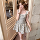 Square neck waist floral suspender dress for women summer French style temperament skirt R4696