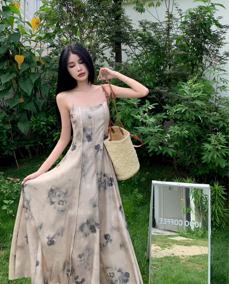 Fairy new Chinese style ink-dyed dress design backless holiday style suspender long dress R1724