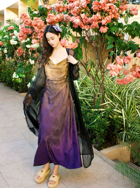 Elegant Gradient Spaghetti Straps Maxi Prom Dress Evening Dress RS642