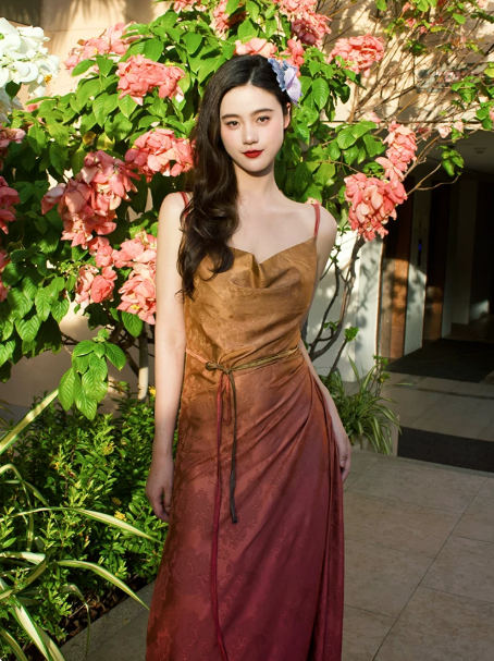 Elegant Gradient Spaghetti Straps Maxi Prom Dress Evening Dress RS642