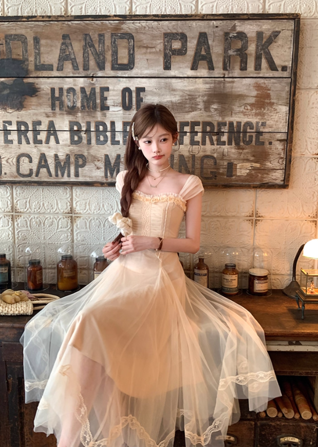 Solid color long mesh square neck suspender dress summer French style temperament skirt R4871