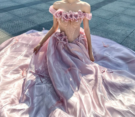 French Chic Pink A-Line Off-the-shoulder Applique Corset Maxi Prom Dress Evening Dress RS644