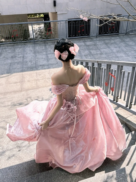 French Chic Pink A-Line Off-the-shoulder Applique Corset Maxi Prom Dress Evening Dress RS644