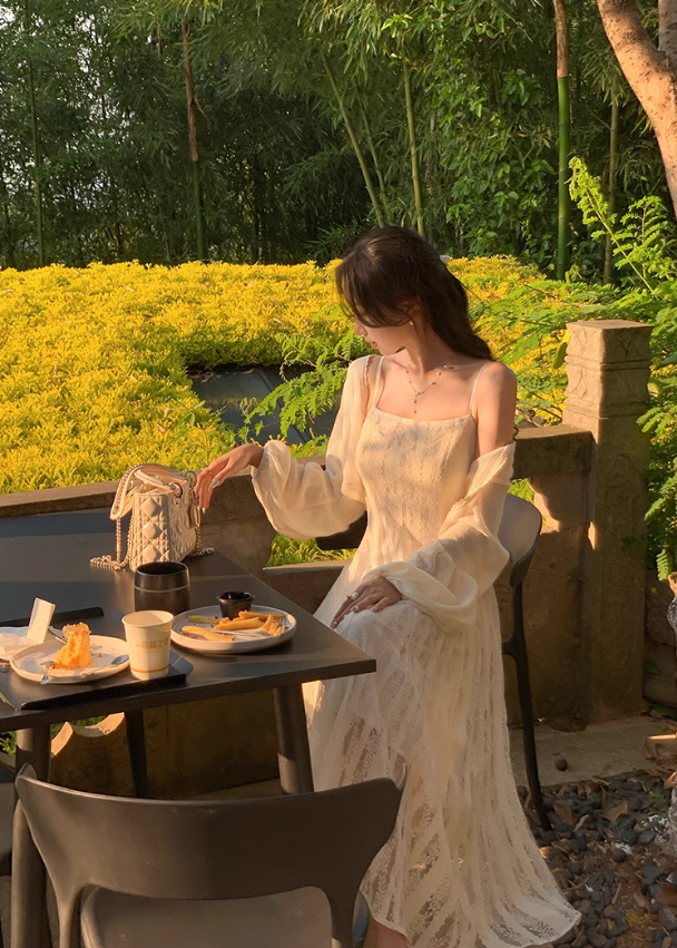 Romantic holiday style suspender dress summer hollow white lace temperament long skirt R4423