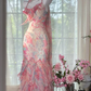 French Chic Pink Ruffled Mermaid Spaghetti Straps Corset Maxi Prom Dress Evening Dress RS645