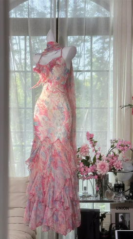 French Chic Pink Ruffled Mermaid Spaghetti Straps Corset Maxi Prom Dress Evening Dress RS645
