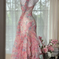 French Chic Pink Ruffled Mermaid Spaghetti Straps Corset Maxi Prom Dress Evening Dress RS645