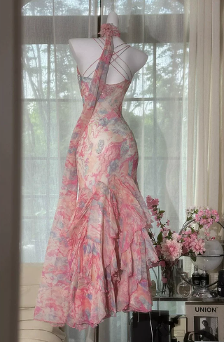 French Chic Pink Ruffled Mermaid Spaghetti Straps Corset Maxi Prom Dress Evening Dress RS645