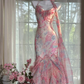 French Chic Pink Ruffled Mermaid Spaghetti Straps Corset Maxi Prom Dress Evening Dress RS645