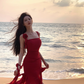 Red suspender dress high-grade irregular chiffon red rose ruffle seaside holiday dress R1470