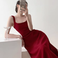 Retro red square neck suspender dress temperament waist banquet engagement A-line dress R1427