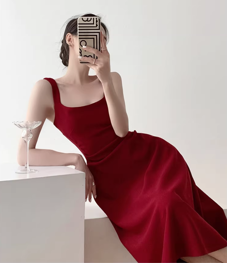 Retro red square neck suspender dress temperament waist banquet engagement A-line dress R1427