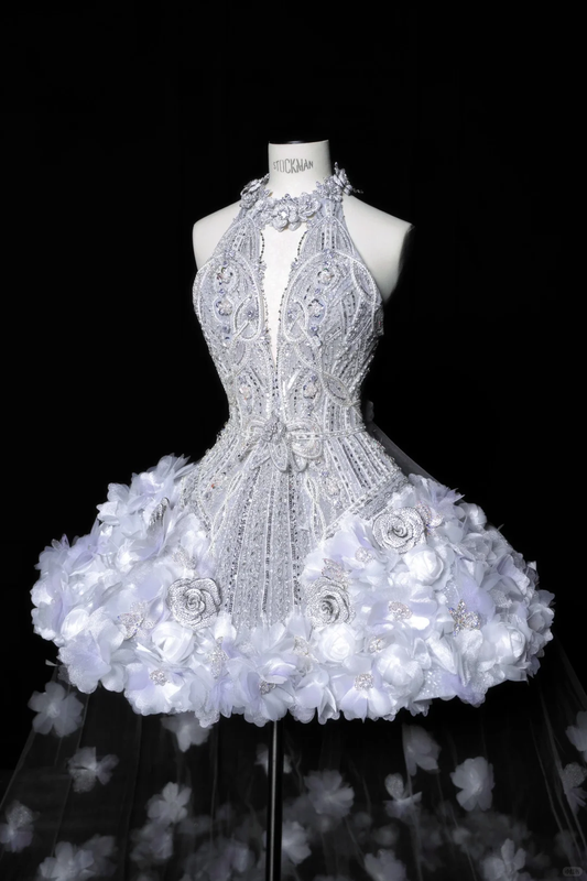 Silver halterneck diamond sequined open back sexy waist puffy skirt homecoming dress R4126