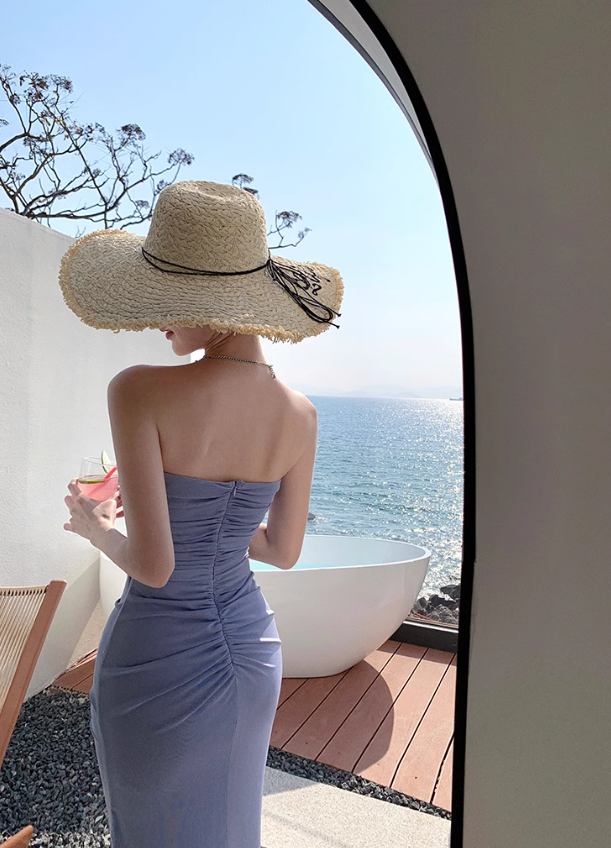 French holiday style purple flower hollow design tube top dress female seaside holiday sexy long dress R0305