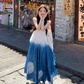 Fairy ruffle blue tie-dye color matching long skirt travel wear suspender dress R1712
