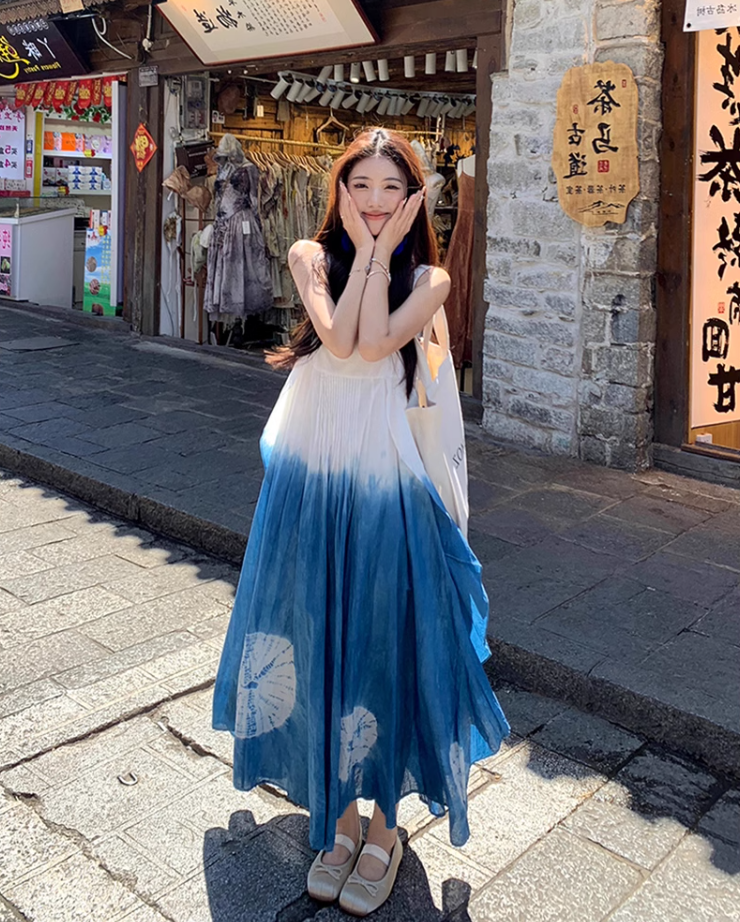 Fairy ruffle blue tie-dye color matching long skirt travel wear suspender dress R1712