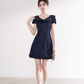 Design sense niche blue v-neck denim dress temperament French college style short skirt R4140