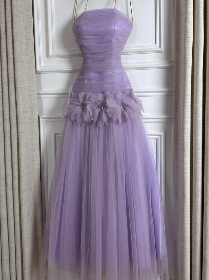 Gentle Purple A-Line Spaghetti Straps Applique Corset Maxi Prom Dress Evening Dress RS655