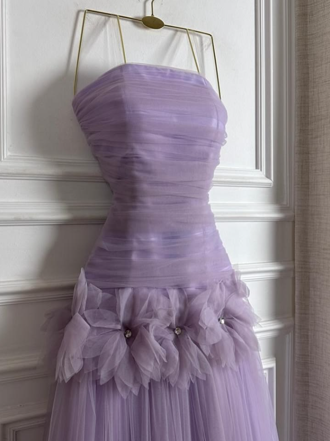 Gentle Purple A-Line Spaghetti Straps Applique Corset Maxi Prom Dress Evening Dress RS655