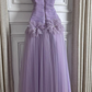 Gentle Purple A-Line Spaghetti Straps Applique Corset Maxi Prom Dress Evening Dress RS655