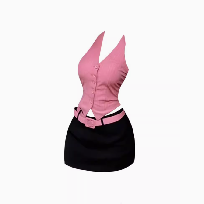Sweet and spicy style V-neck sleeveless halter neck vest top 2025 pure desire hip skirt suit R1059