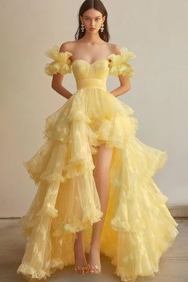 Vibrant Tulle Frilled Prom Gown Yellow Women's Maxi Evening Dress Ball Gown RS2828