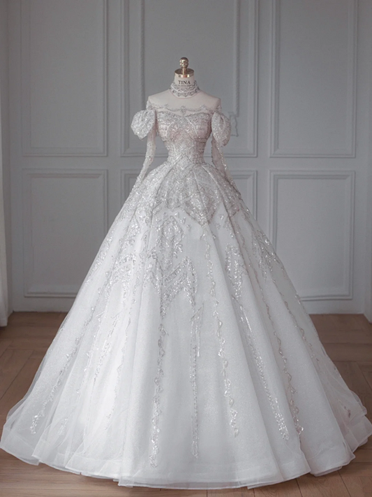 White one-shoulder diamond classic elegant waist slim fit puffy skirt bridal dress R6014