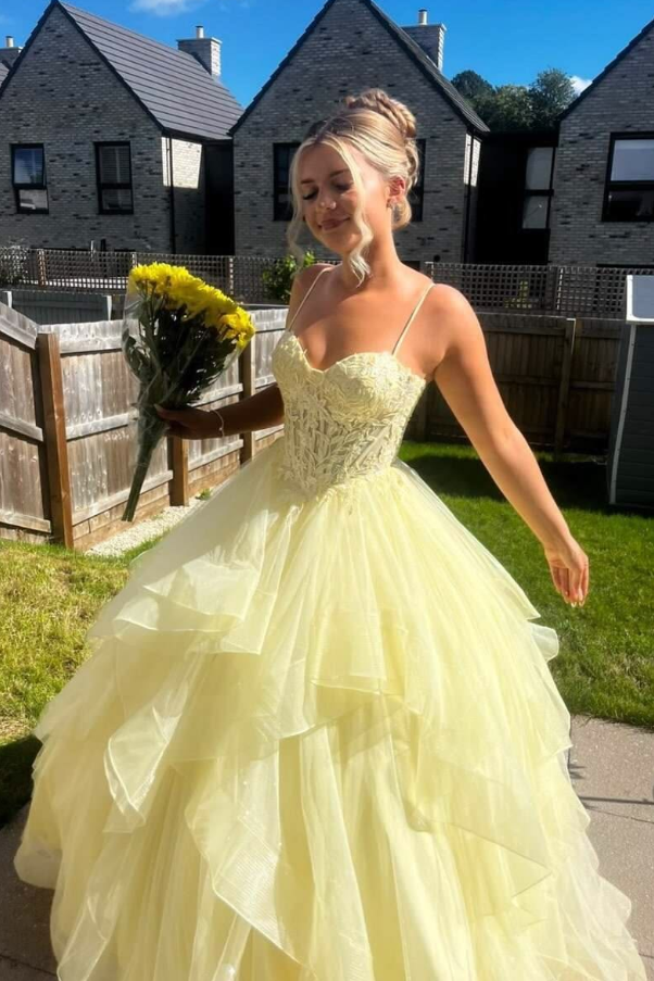 Vibrant Tulle Puffy Prom Gown Yellow Women's Corset Maxi Birthday Dress Evening Dress RS2944